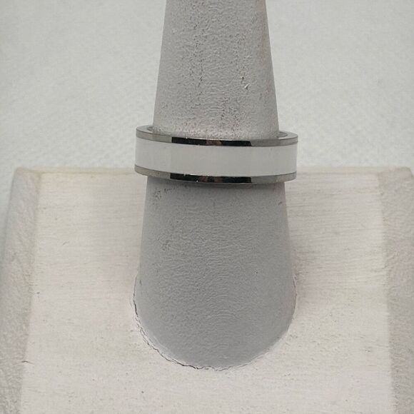 Brand New!!  Size 9 Titanium steel couple ring with white inlay - Picture 1 of 4